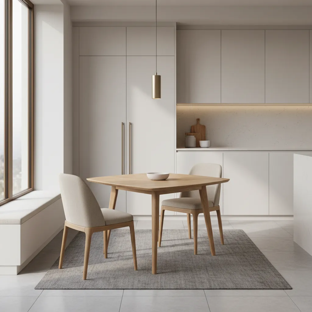 Seating arrangement around triangular dining table showing comfortable chair spacing