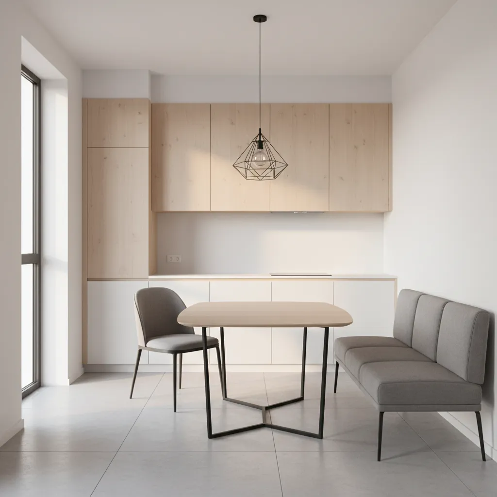 Triangular kitchen table in a small apartment kitchen with efficient seating layout