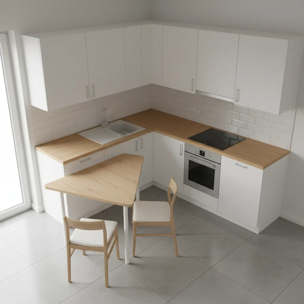 Triangular dining table fitting neatly into kitchen corner layout