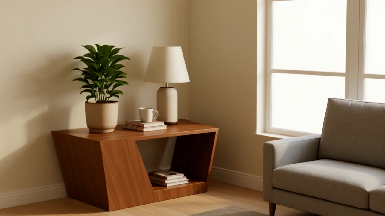 Triangular wooden corner table placed beside sofa in a small living room