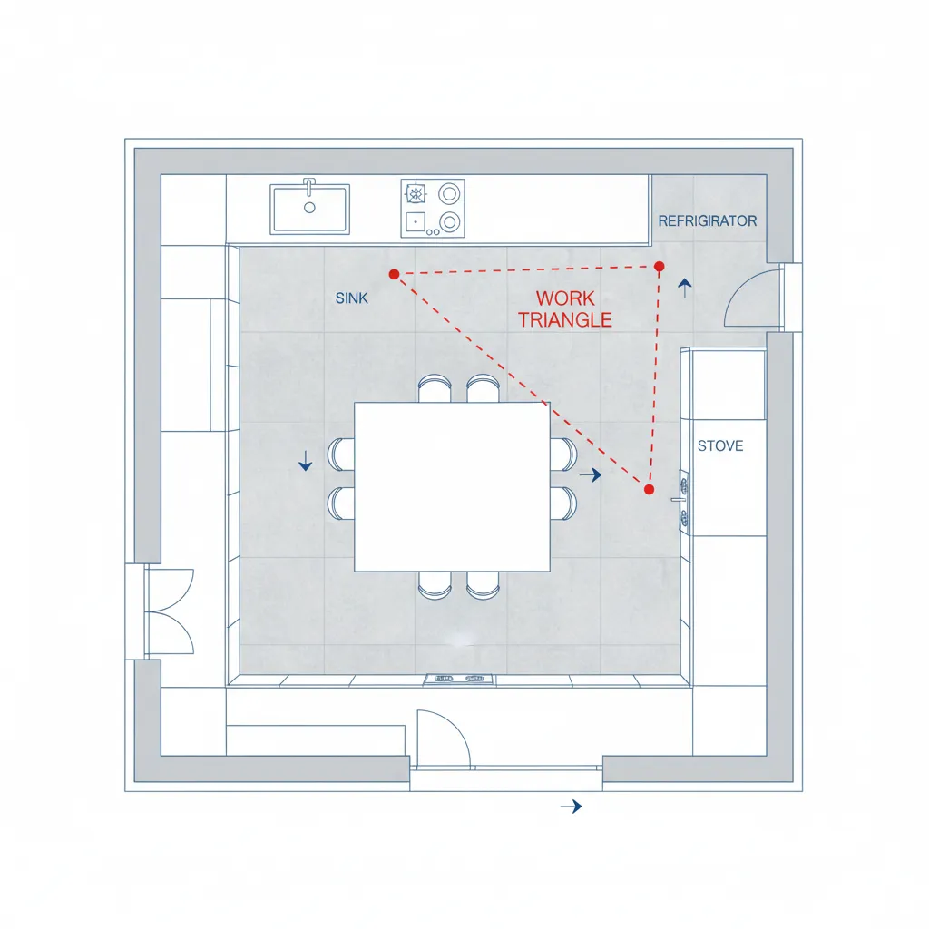 Plano de cocina mostrando el triángulo de trabajo entre fregadero, cocina y frigorífico