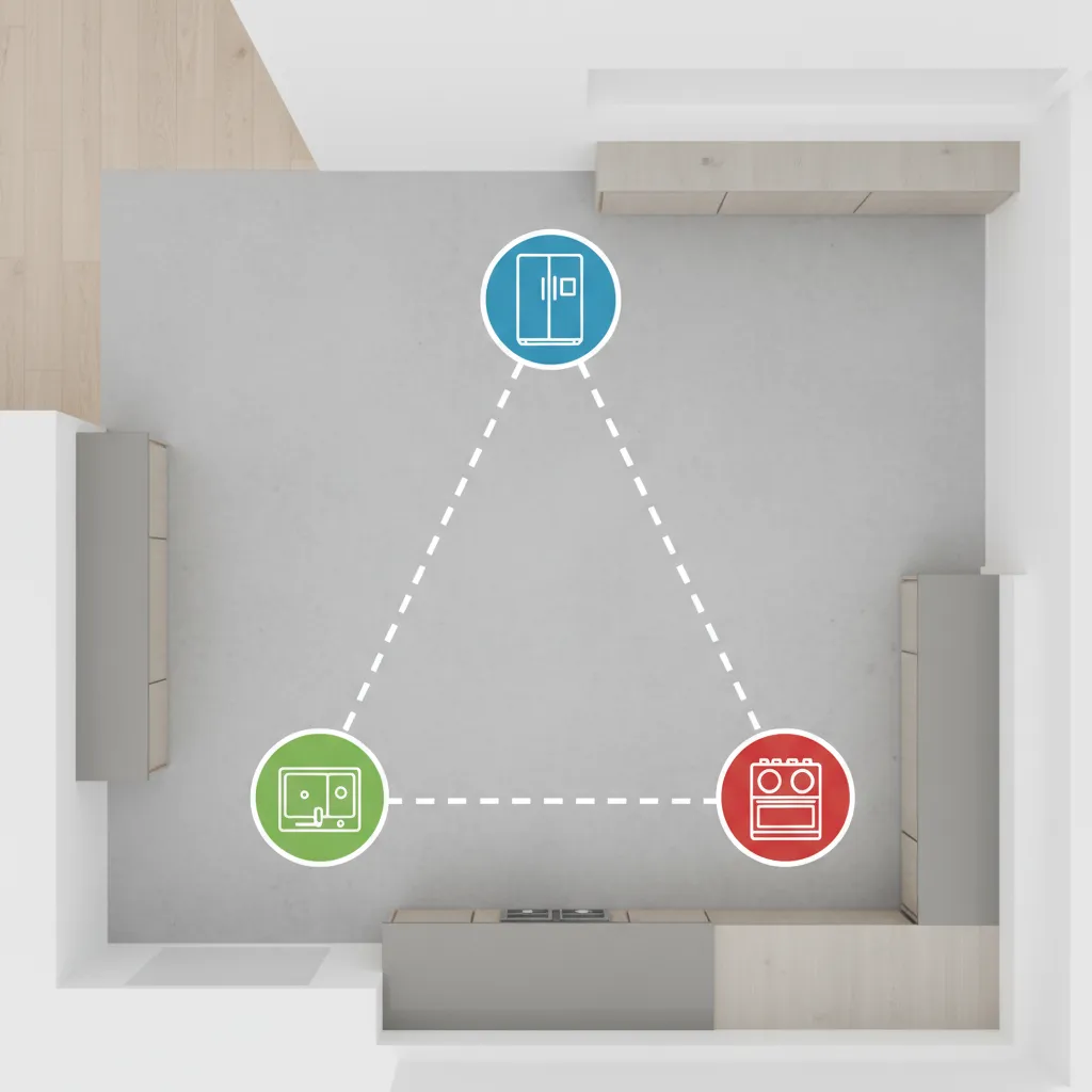 Kitchen interior design drawing showing the work triangle connecting the fridge sink and stove areas