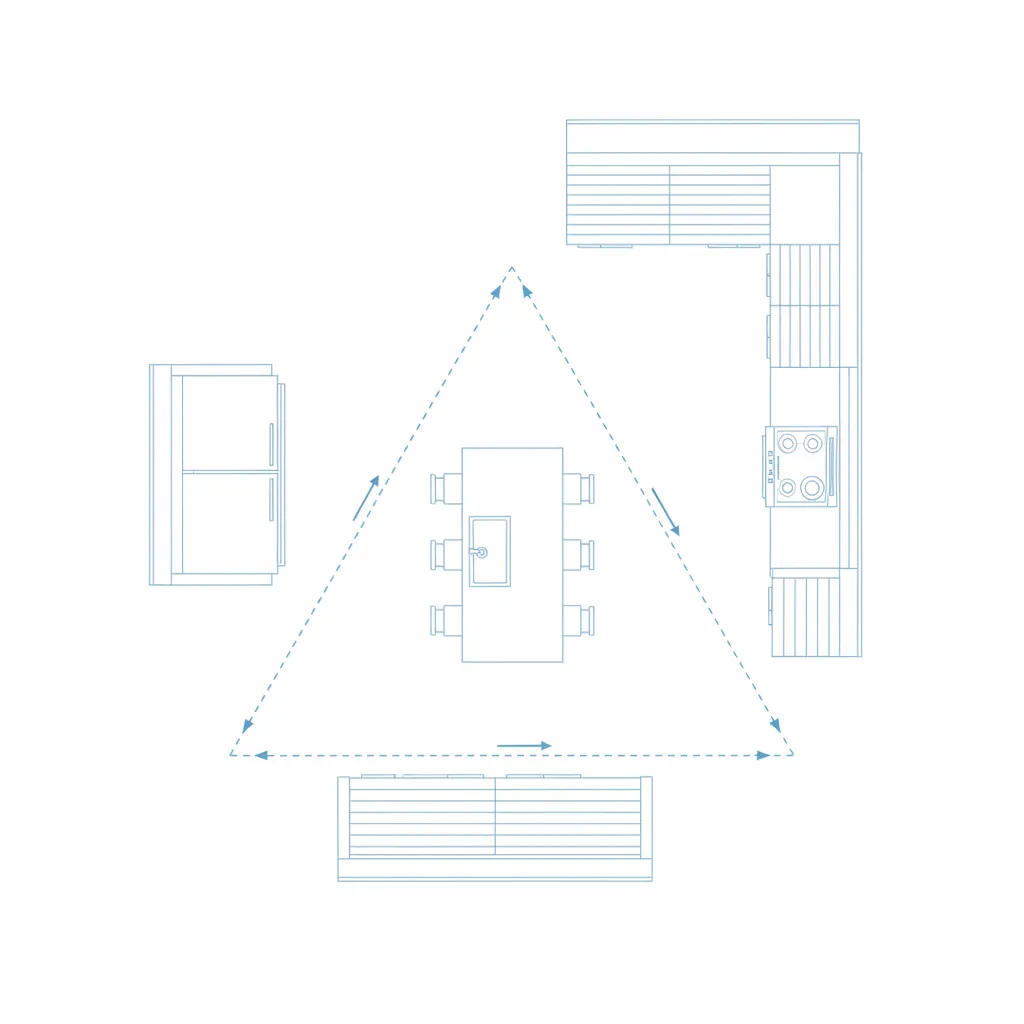 Plano de cocina mostrando el triángulo de trabajo entre nevera fregadero y cocina