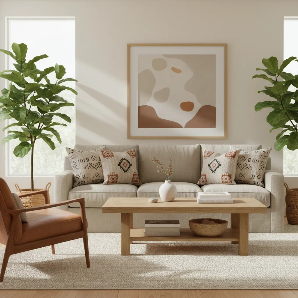 Living room with tribal pillows balanced by neutral linen sofa and wood textures