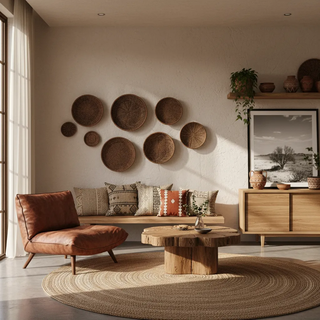 tribal inspired living room with woven textiles wood furniture and earthy colors