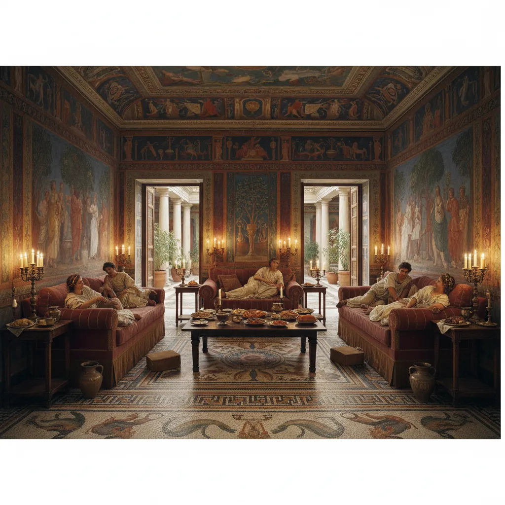 Comedor romano con divanes y decoración mural