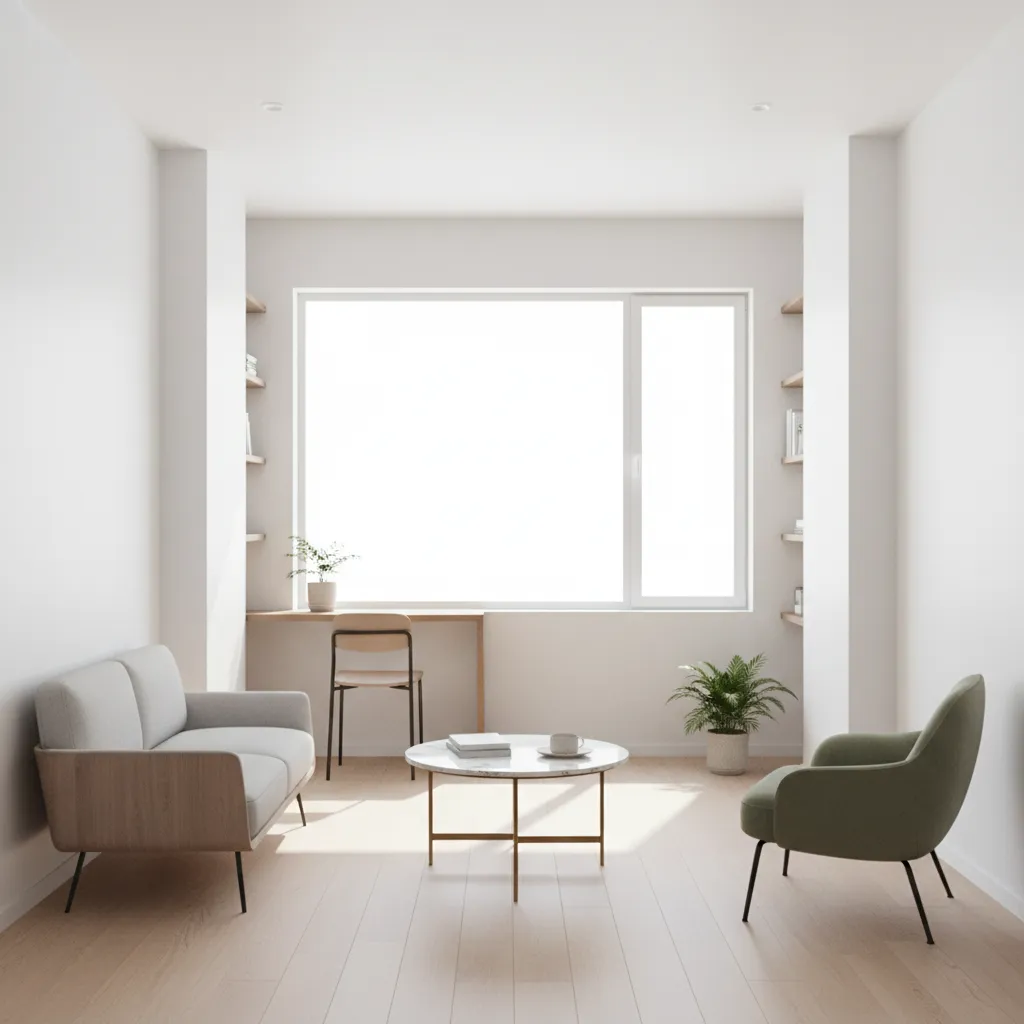 Interior rumah kecil dengan furnitur minimalis dan pencahayaan terang