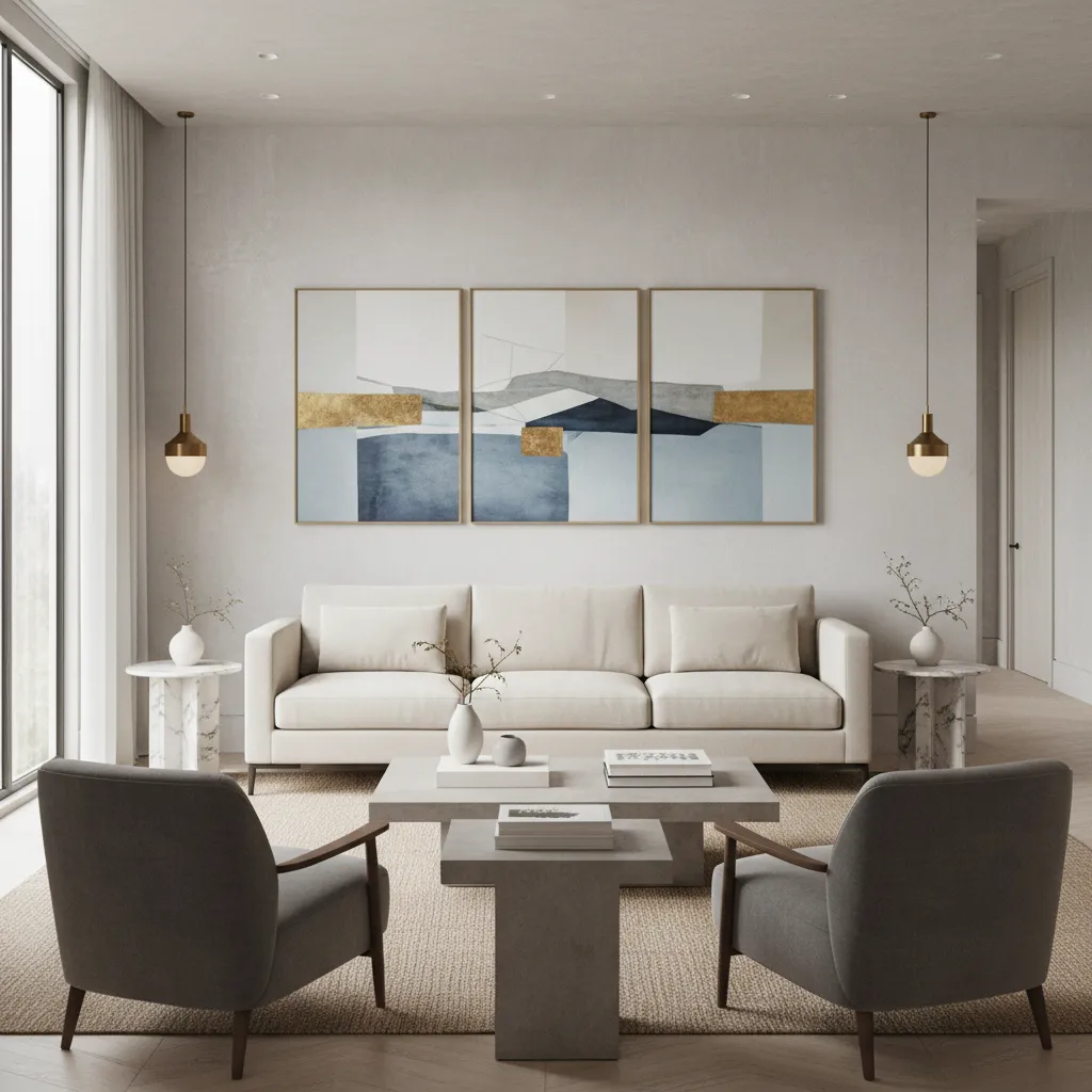 Tríptico de pinturas modernas decorando un salón contemporáneo