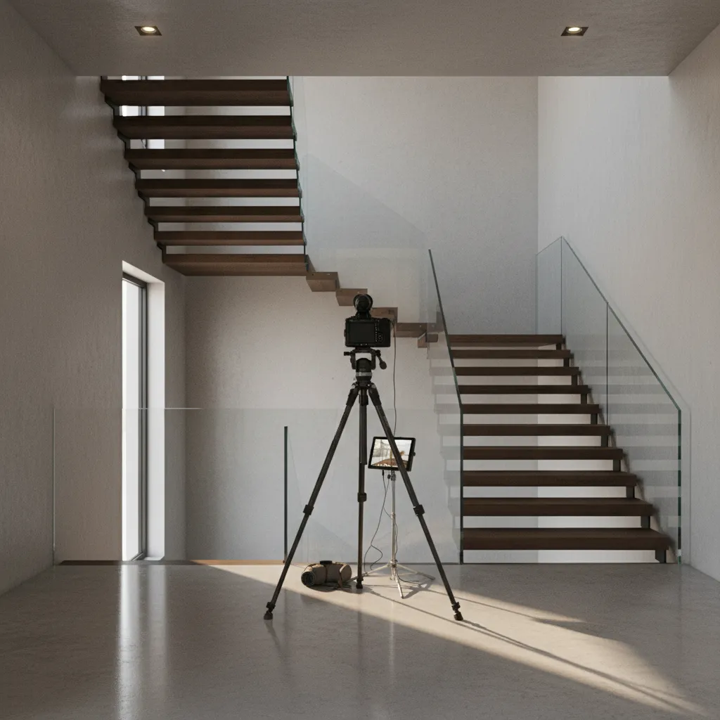 tripod positioned on staircase landing for stable architectural photography composition