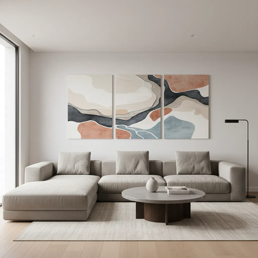 Three canvas panels forming a triptych artwork above living room sofa