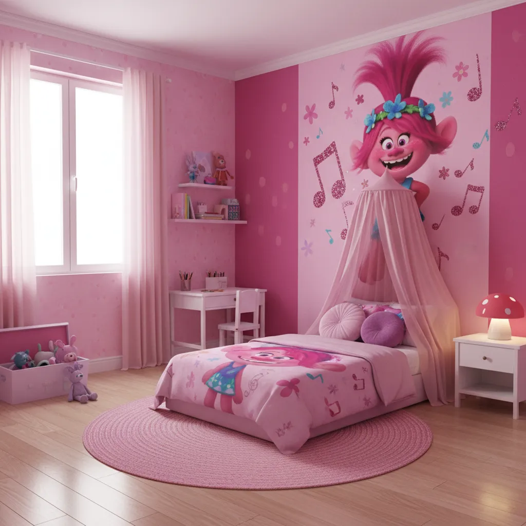 Kids bedroom focused on Poppy character with balanced pink decor and organized layout