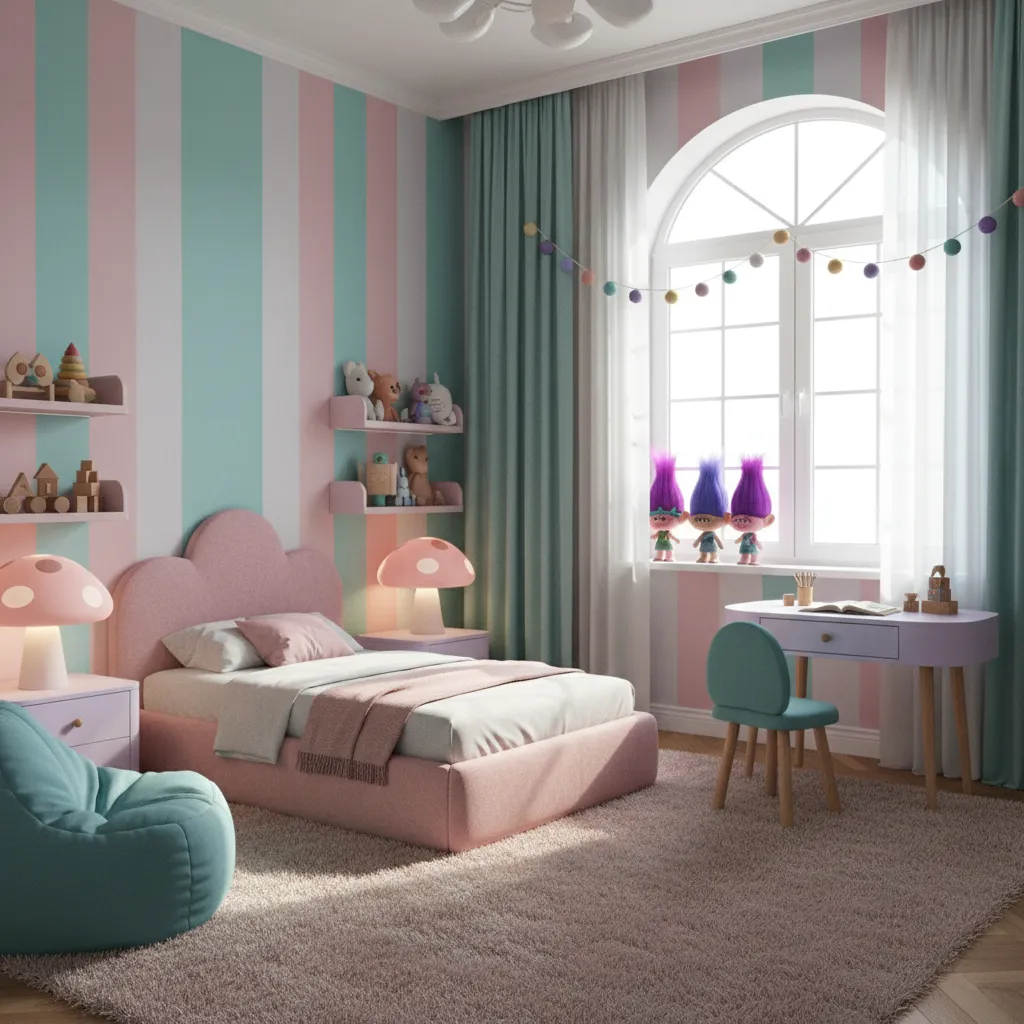 Kids bedroom using pink teal and lavender Trolls inspired color palette