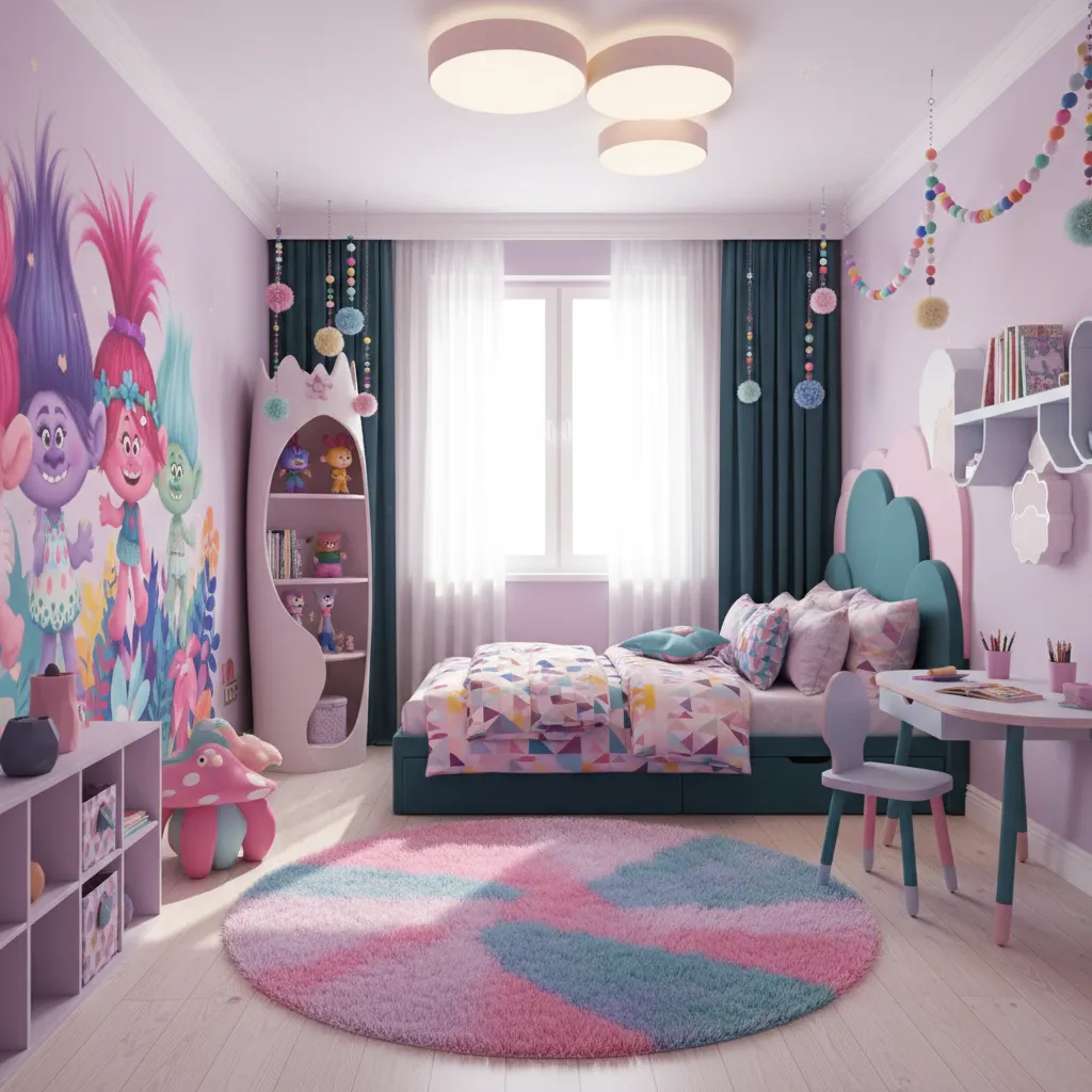 Bright Trolls inspired kids bedroom with playful rainbow color scheme
