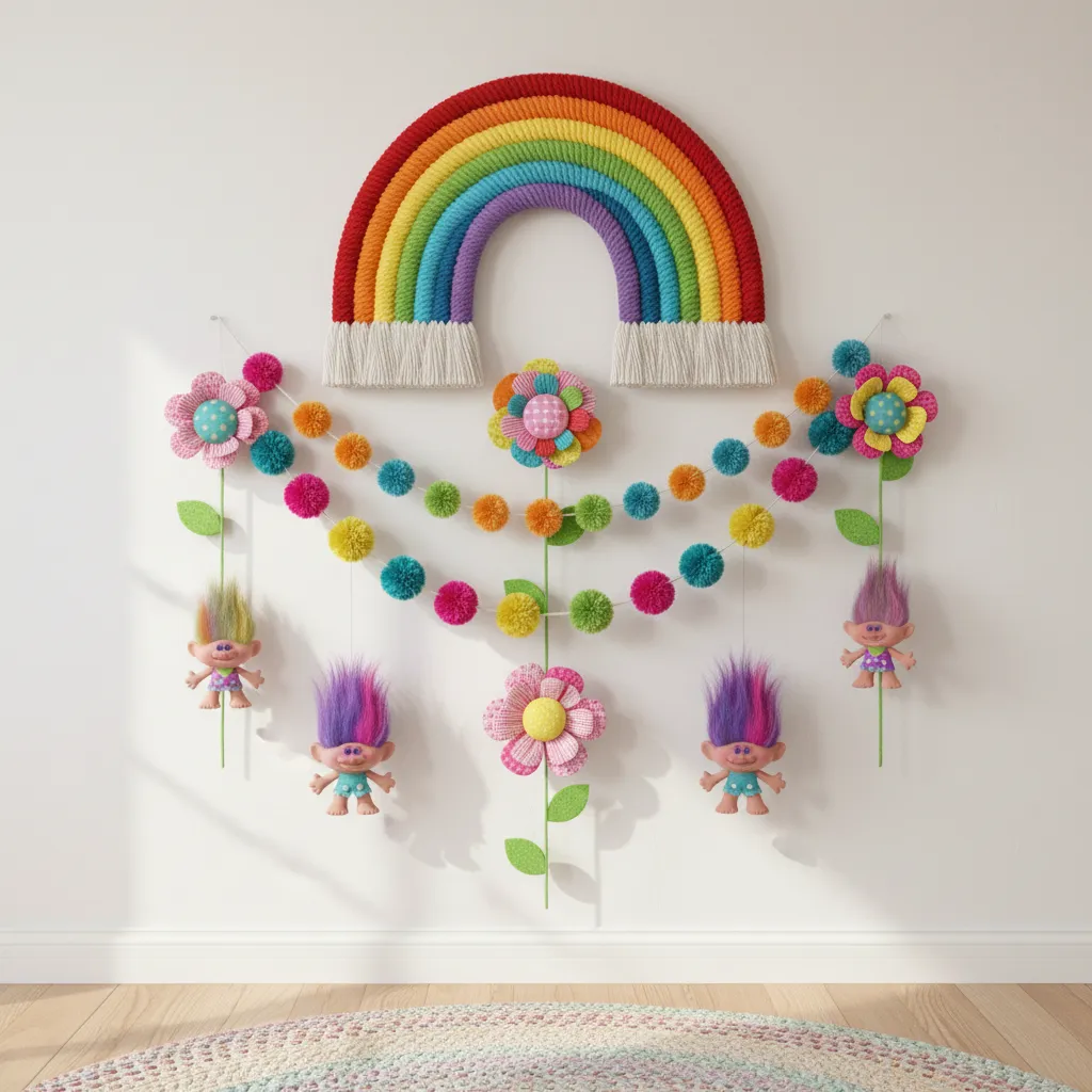 DIY Trolls themed bedroom decorations with colorful crafts and wall art
