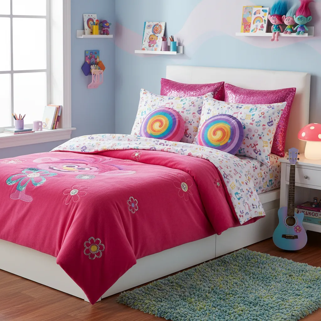 Kids bed with colorful trolls inspired bedding and bright decorative pillows