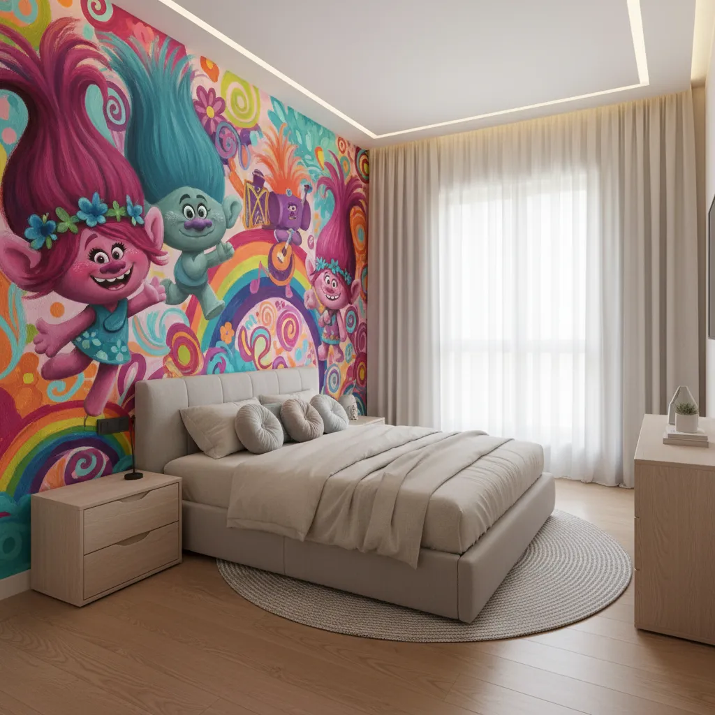 Kids bedroom with large colorful mural inspired by Trolls animation style