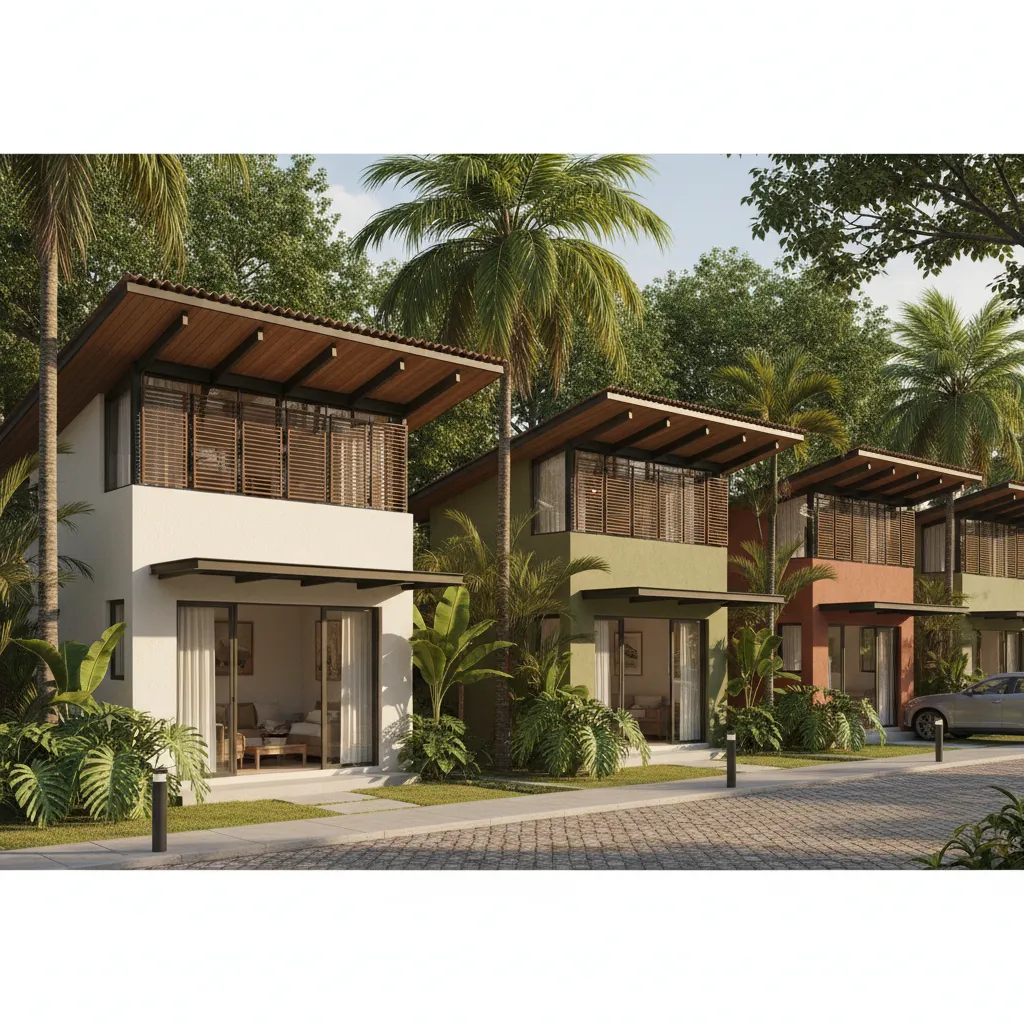 Affordable tropical housing neighborhood with shaded roofs and greenery