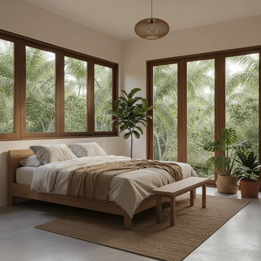 Dormitorio tropical con textiles ligeros y luz natural