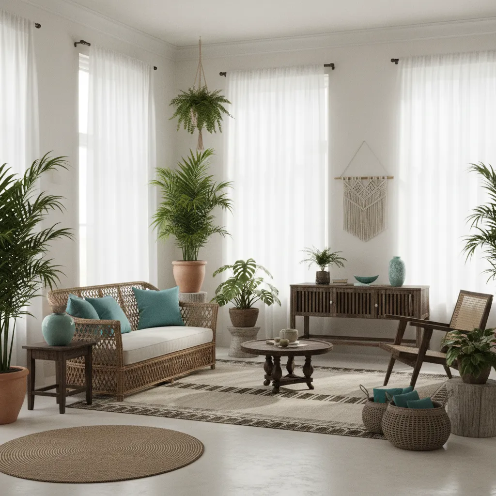 Interior design comparison showing balanced tropical color palette in a Cuban style room