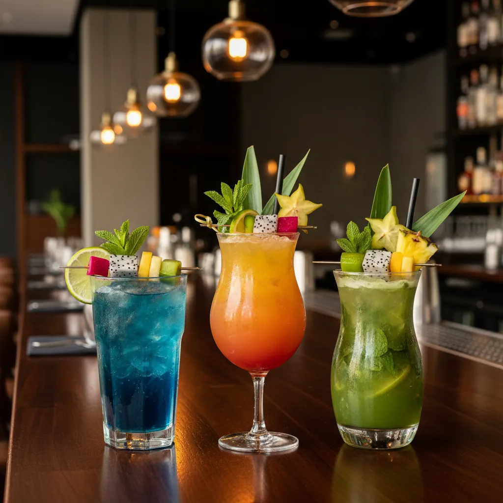 Fresh tropical craft cocktails with lime mint and colorful garnishes on a restaurant bar