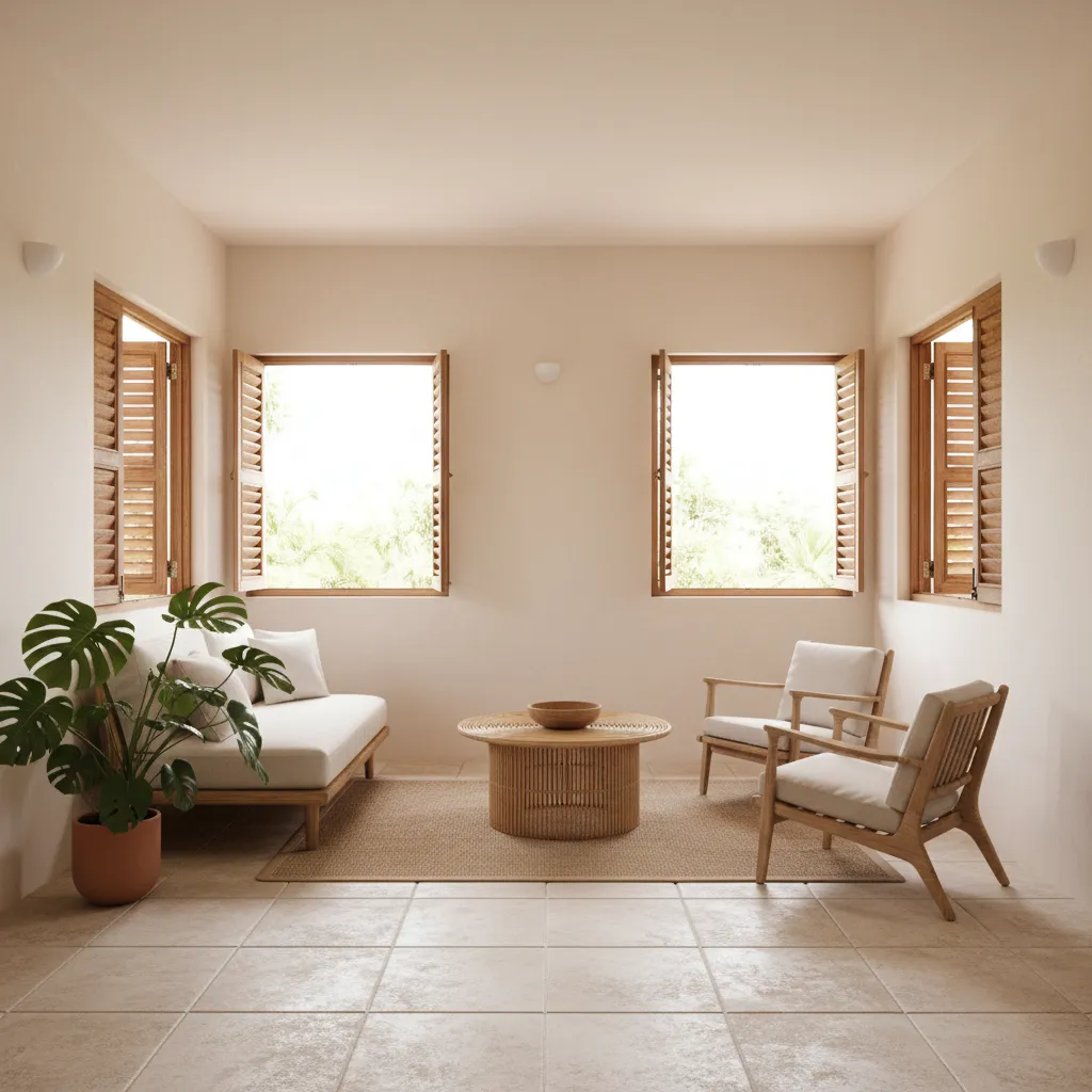 Sala con grandes ventanas opuestas para ventilación cruzada en casa pequeña tropical