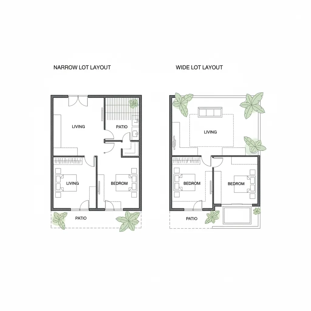comparison of tropical house floor plans for narrow lot and wide lot