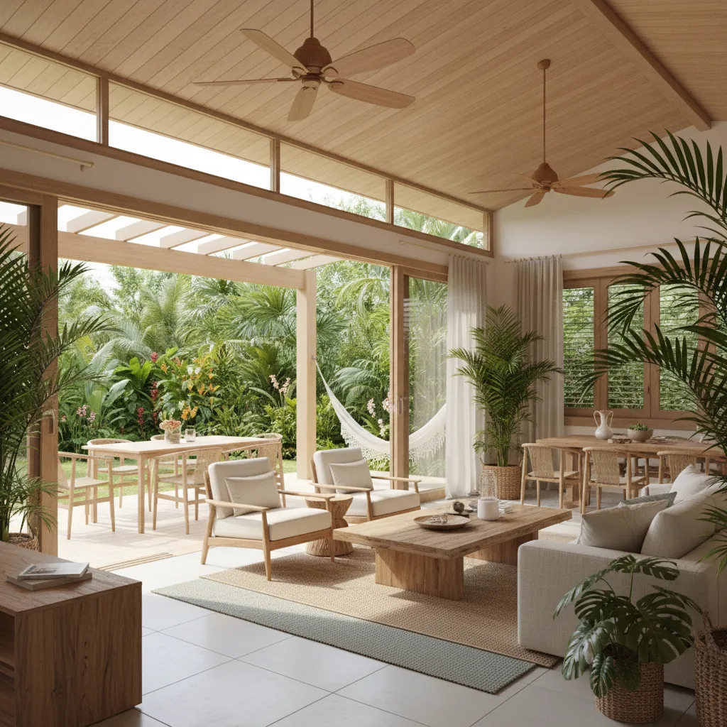 open tropical living room connected to outdoor veranda with natural airflow