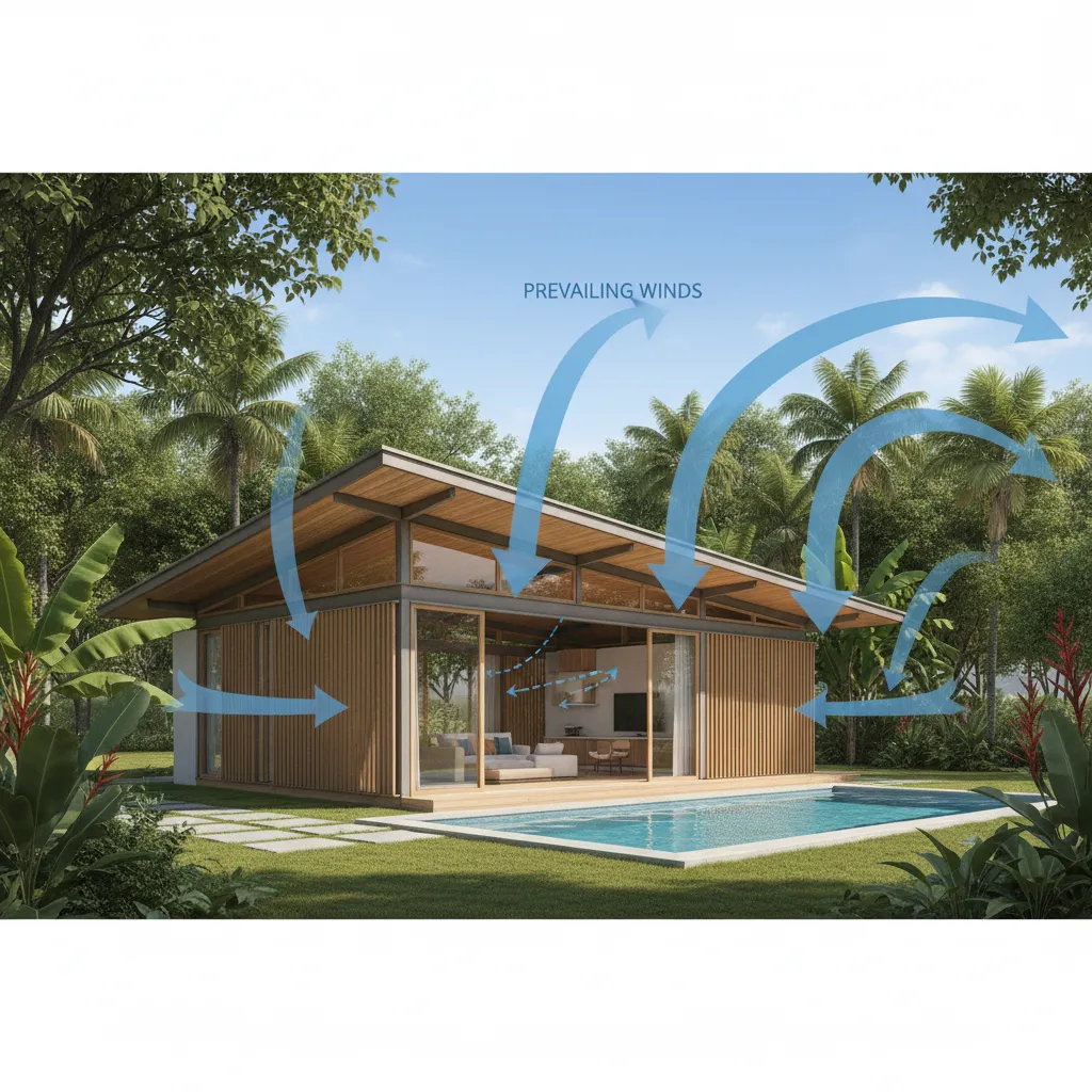 Architectural diagram showing building orientation for natural ventilation in tropical climates