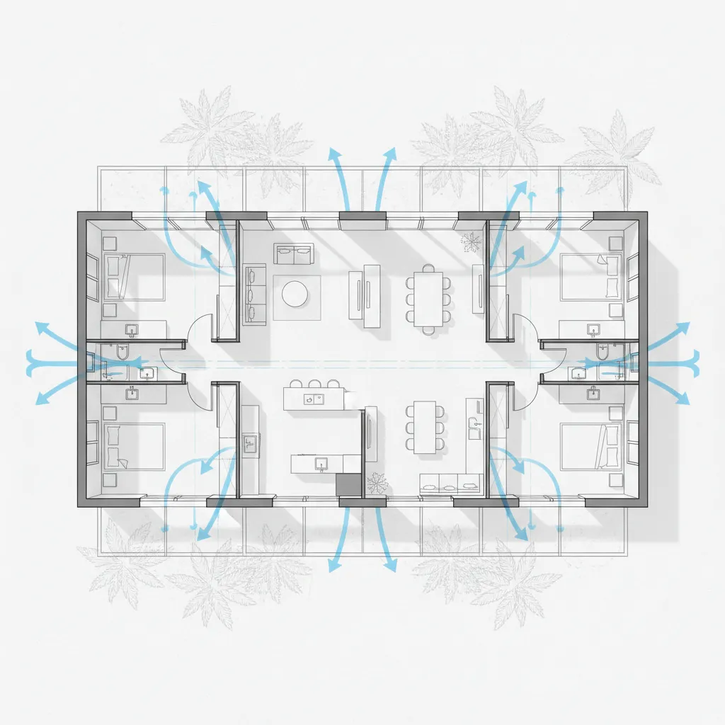 Diagram showing airflow paths through a tropical house floor plan