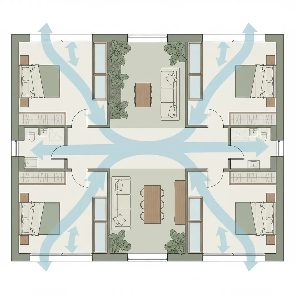 diagram showing cross ventilation airflow through tropical house layout