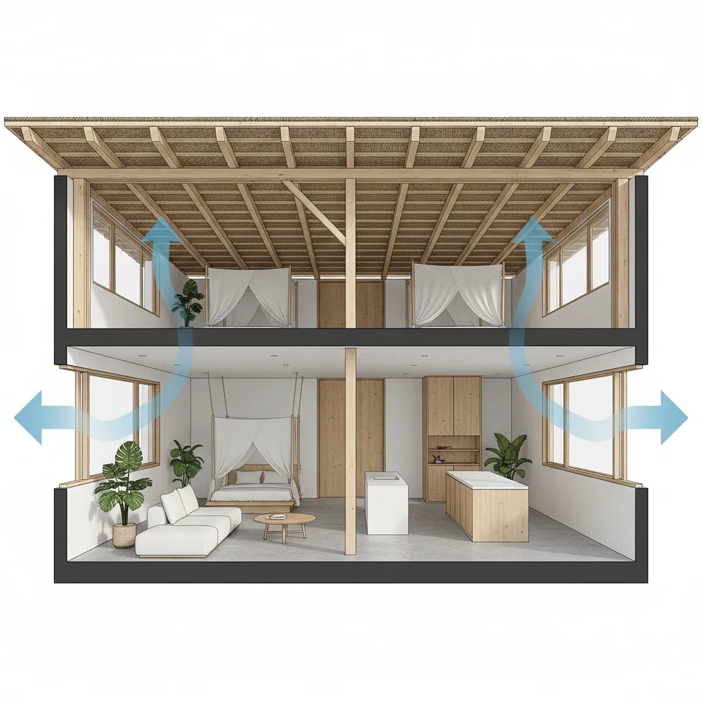 tropical house layout showing cross ventilation airflow through windows
