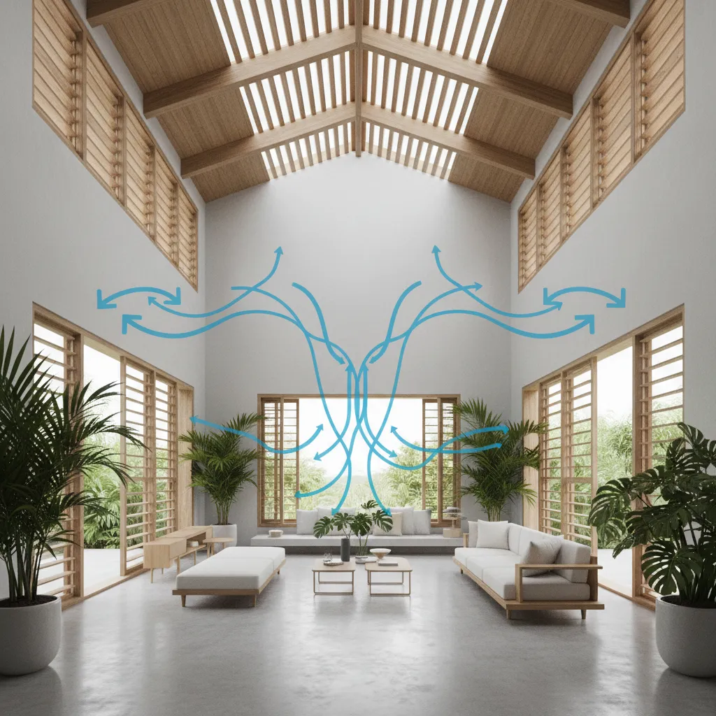 Diagram style interior showing cross ventilation airflow through windows in tropical house