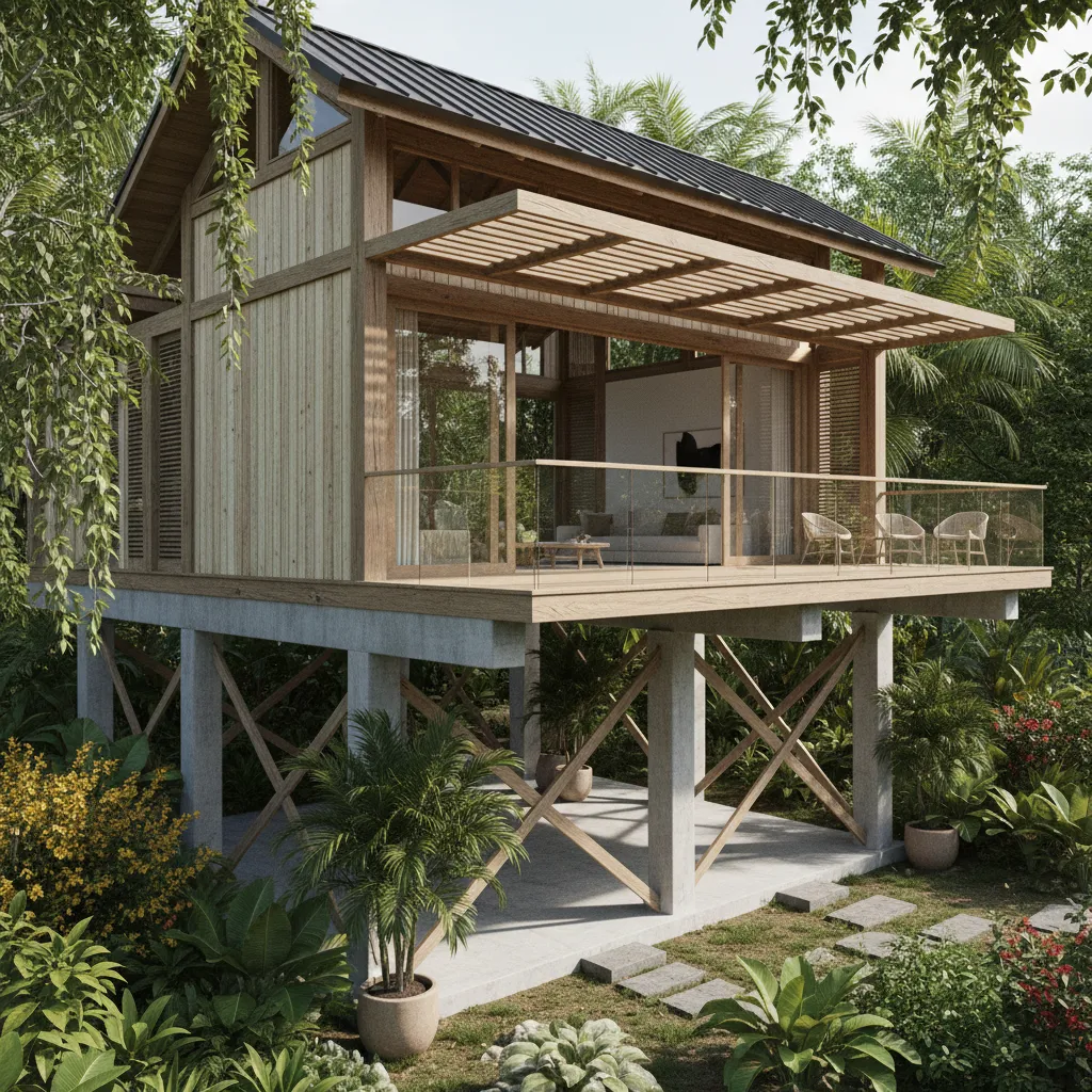 Elevated tropical house with open airflow beneath structure
