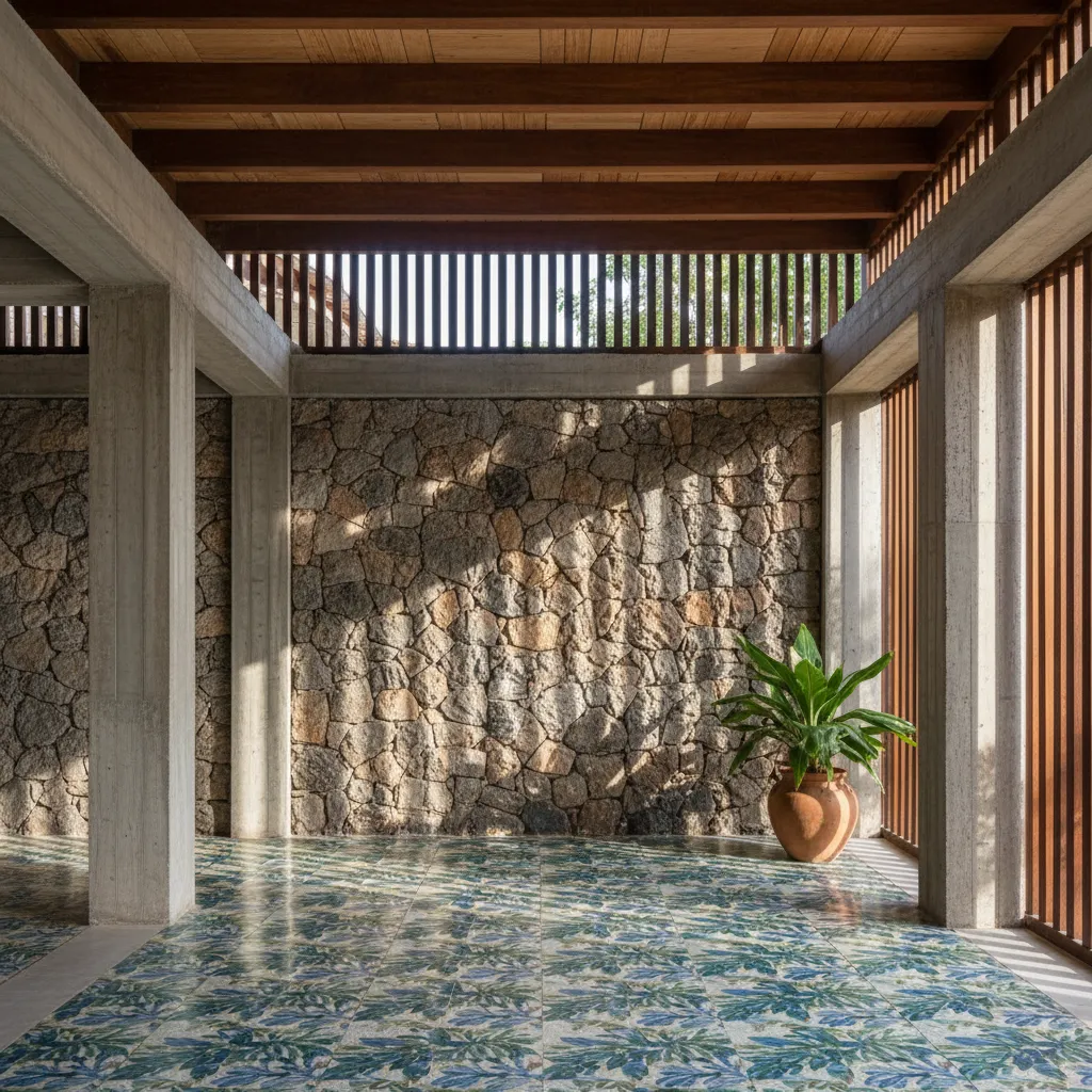 Semi outdoor space with stone wall concrete pillars green plant and blue pattern floor tiles