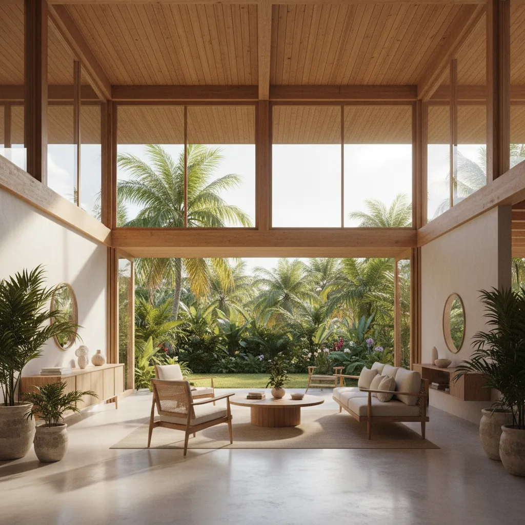 Modern tropical house interior showing open layout and passive cooling design