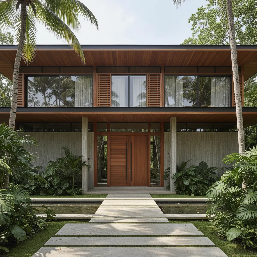 Tropical home with large roof overhangs designed for shading and passive cooling