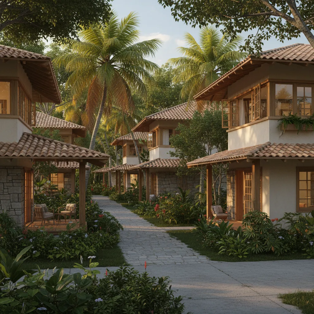 different tropical housing styles in dense tropical neighborhood