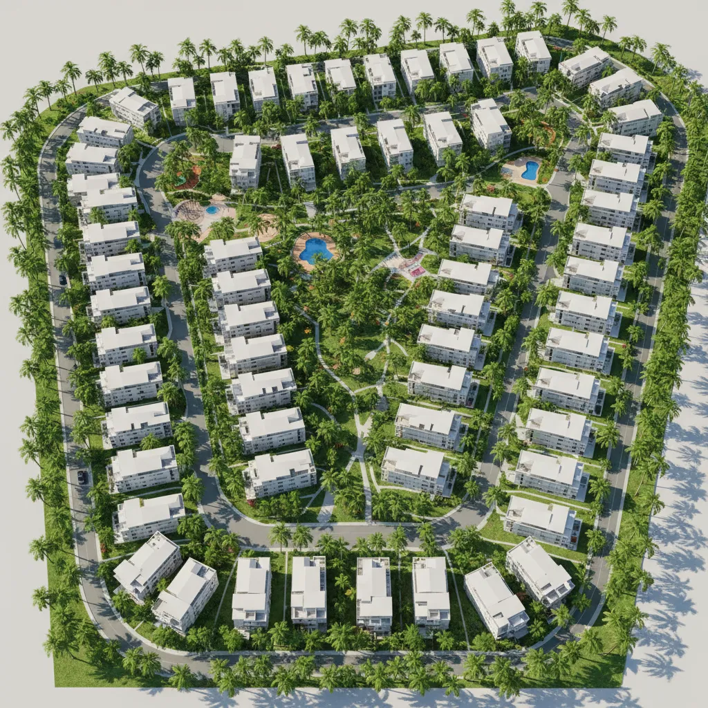 3D layout plan of large tropical housing community