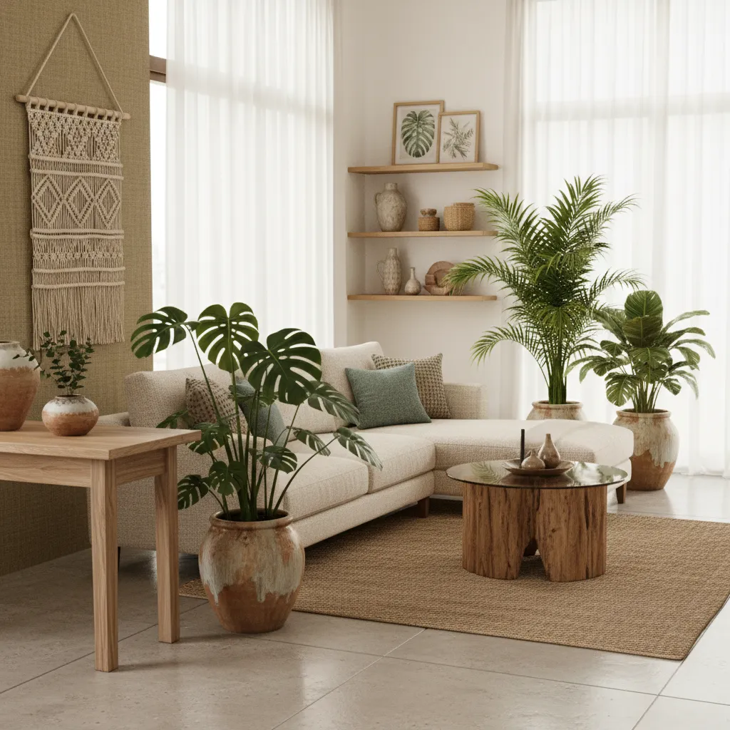 Plantas tropicales grandes en un salón moderno