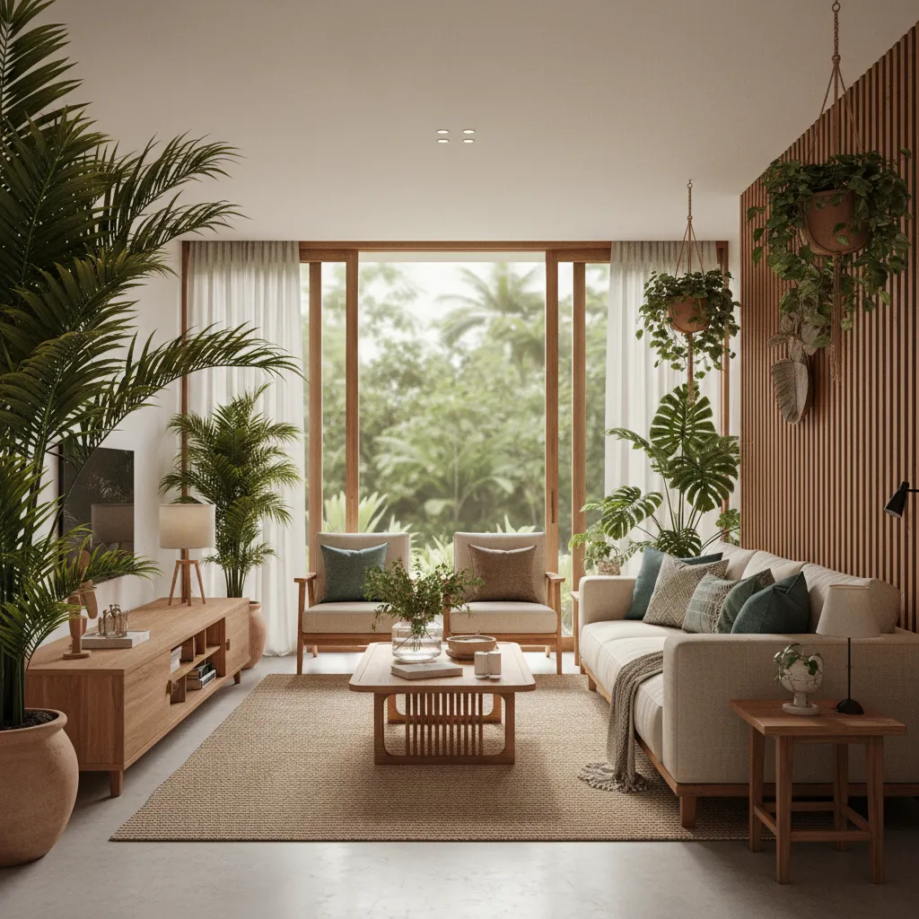 Visualización 3D de un salón con diseño tropical