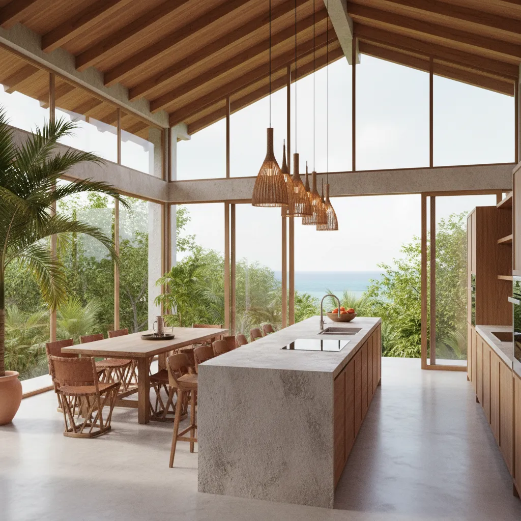 Cocina moderna abierta conectada con comedor en casa tropical