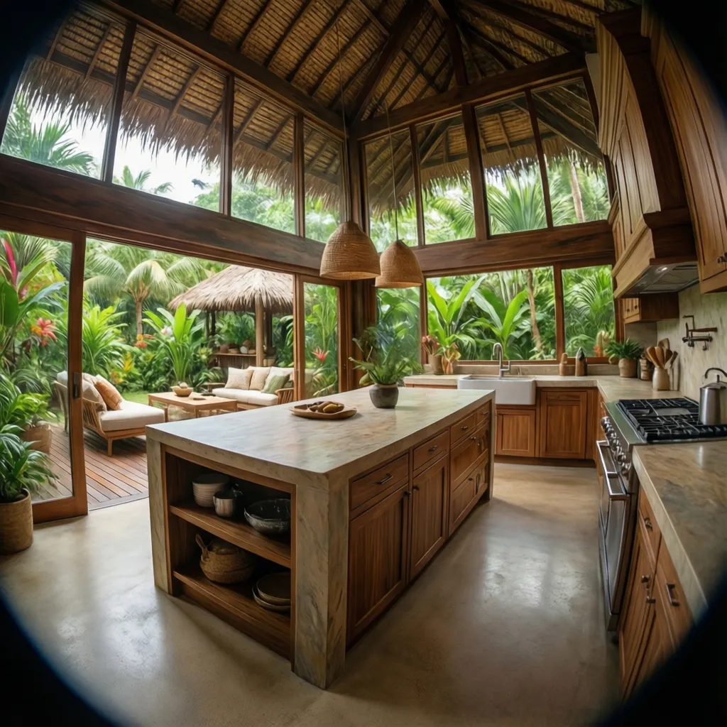 Cocina abierta con ventilación natural en casa tropical