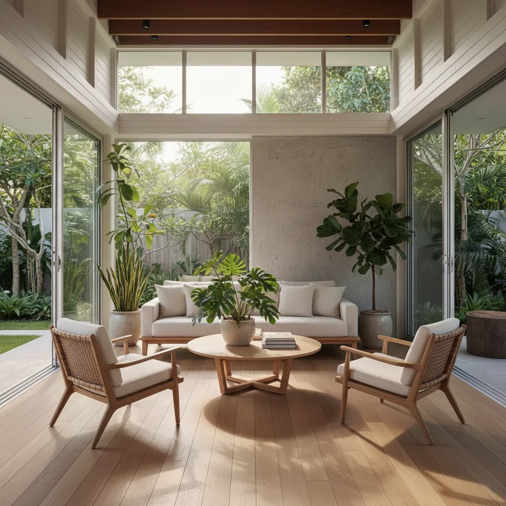 Sala tropical con ventilación natural y muebles de madera clara