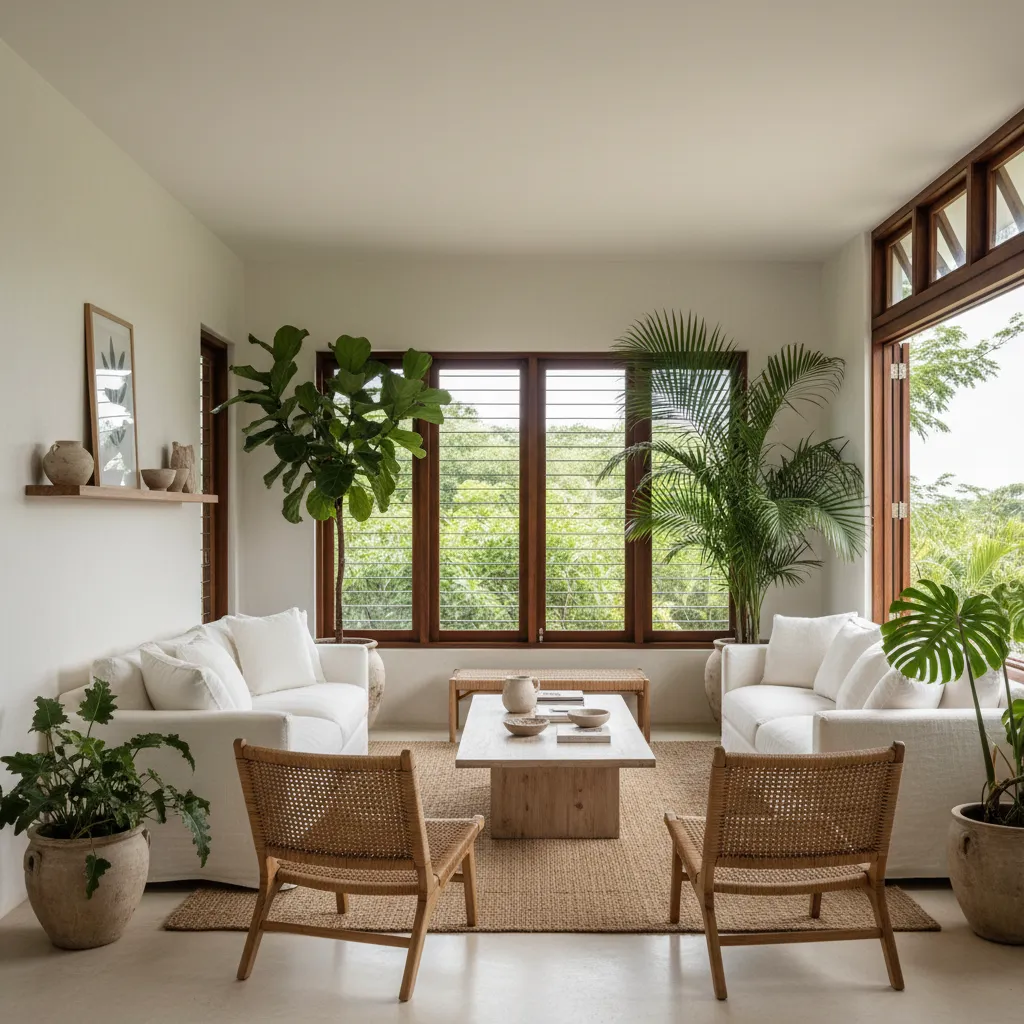 Tropical living room with white sofas wooden chairs green potted plants and large wooden windows