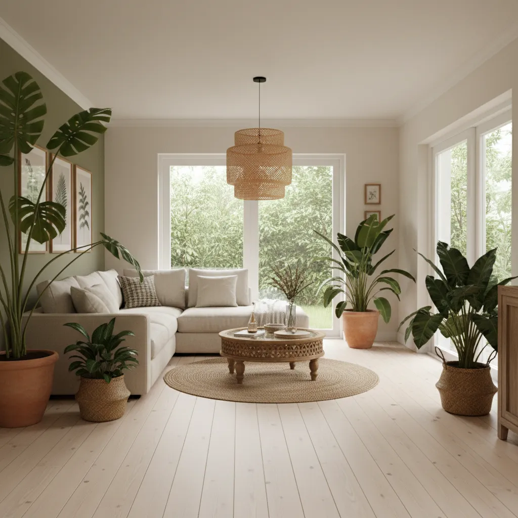 Salón tropical con madera clara, plantas grandes y textiles naturales