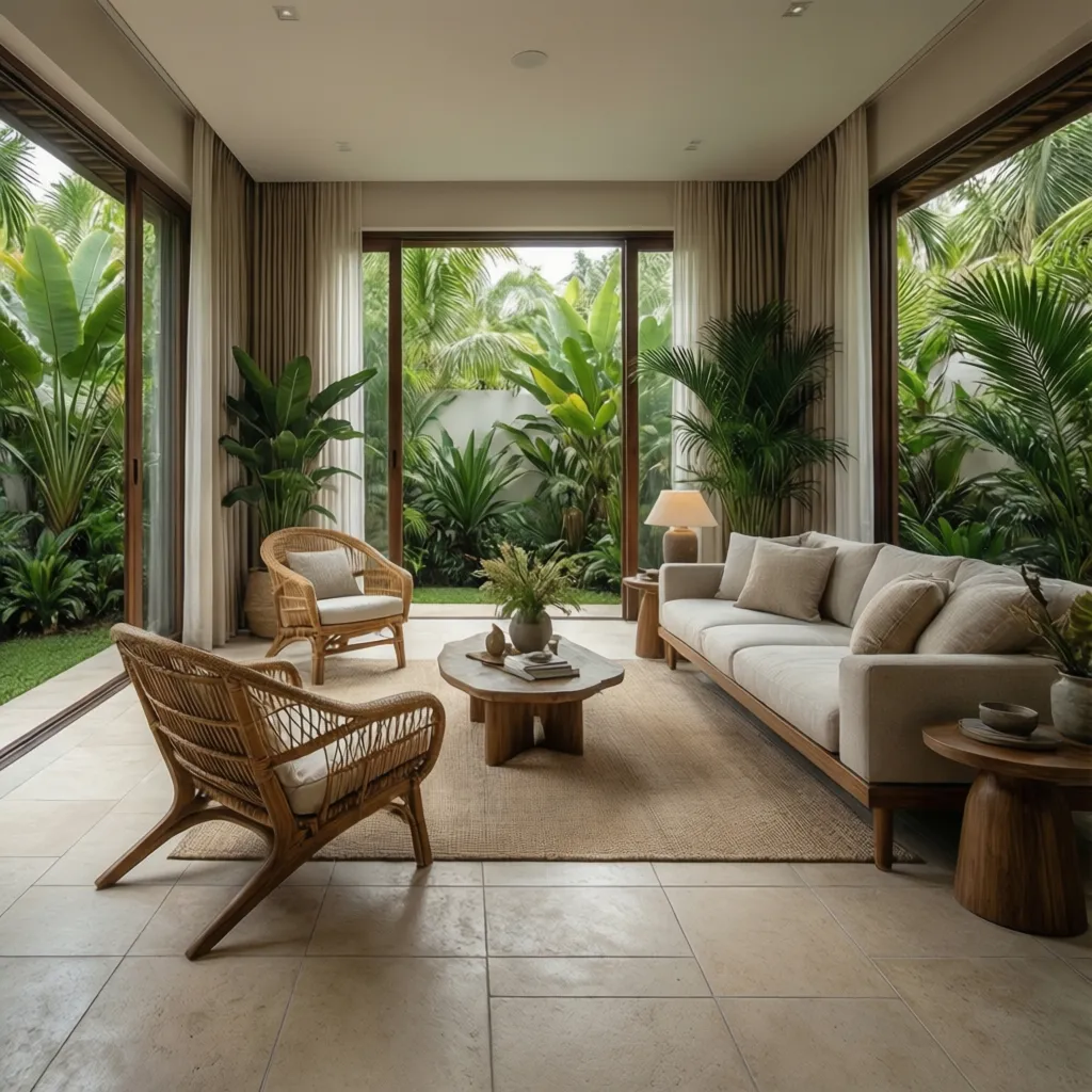 Bright tropical living room with porcelain tile flooring and natural light
