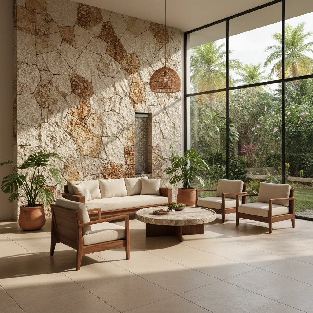 Interior con piedra natural, madera tropical y grandes ventanas