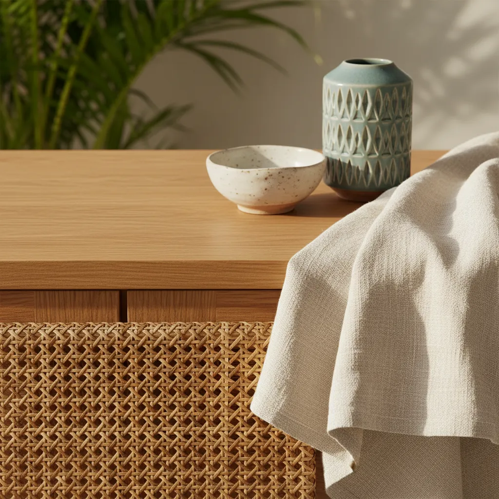 Detalle de materiales tropicales como ratán, madera y lino