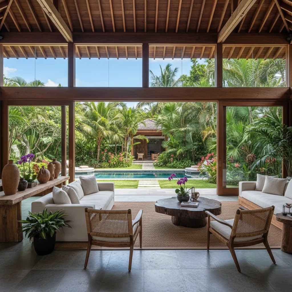 Sala abierta con techo alto y conexión visual con jardín tropical
