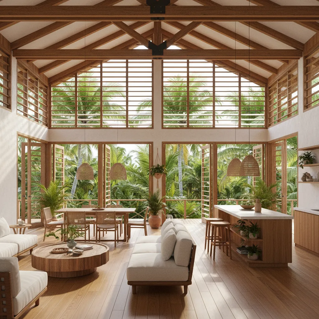 Casa prefabricada con ventilación cruzada y grandes ventanas